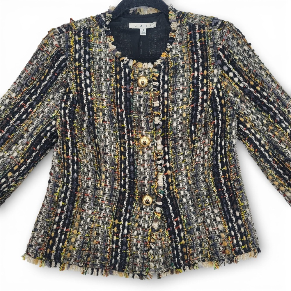Cabi Boucle Tweed Fringe Jacket S Black Gold Parisian Preppy Textured Blazer‎